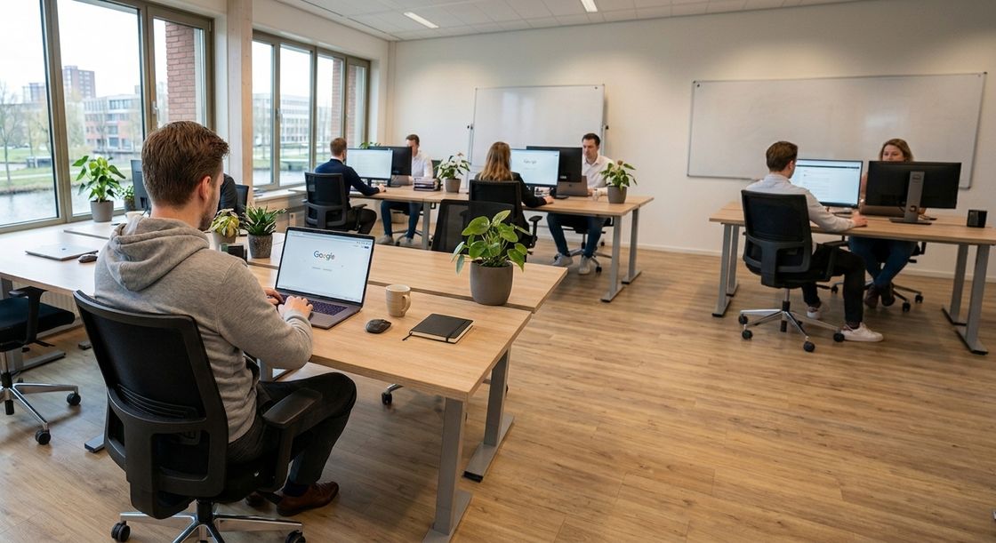 Ondernemer zoekt op Google in een modern kantoor