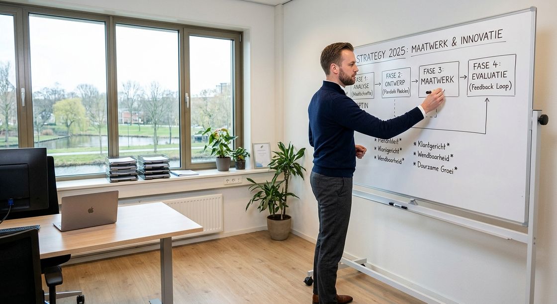 Strateeg werkt een maatwerkplan uit op een whiteboard